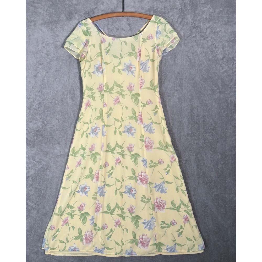 CDC Caren‎ Desiree Soft Yellow Floral Midi Dress Vintage Fits Small Cottagecore